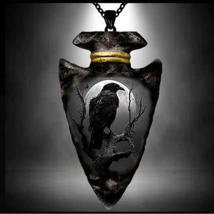 Black Raven moon native indian arrowhead pendant, Gothic Wiccan emo vamp punk